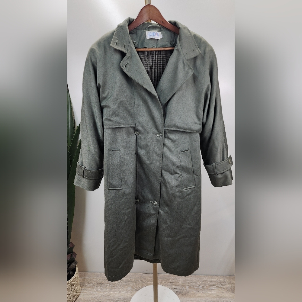 Vintage JG Hook Women Sage Green Trench Coat w/Removable Wool Blend Lining Sz 10
